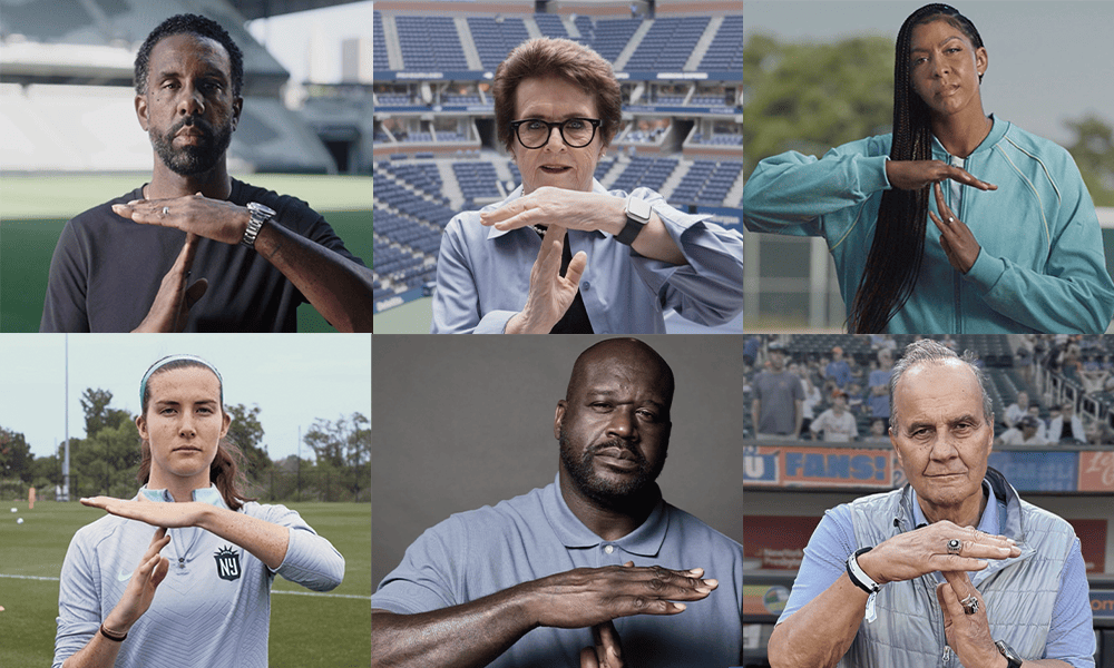 Collage of six individuals displaying the 'Timeout' hand signal, comprising athletes and coaches from various sports.