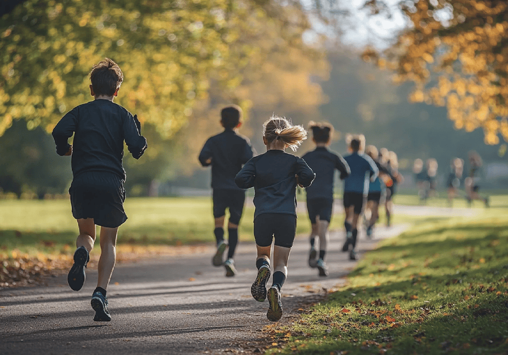 View of young people running from behind