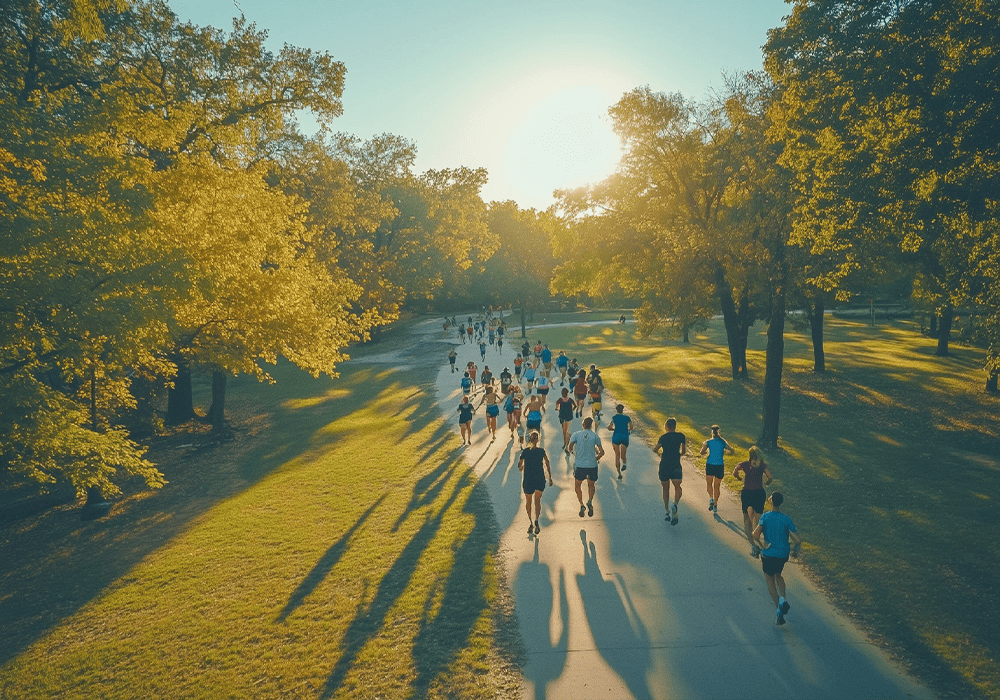 View from above of a group of people running.