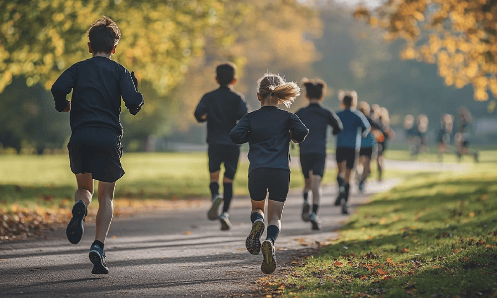 View of young people running from behind