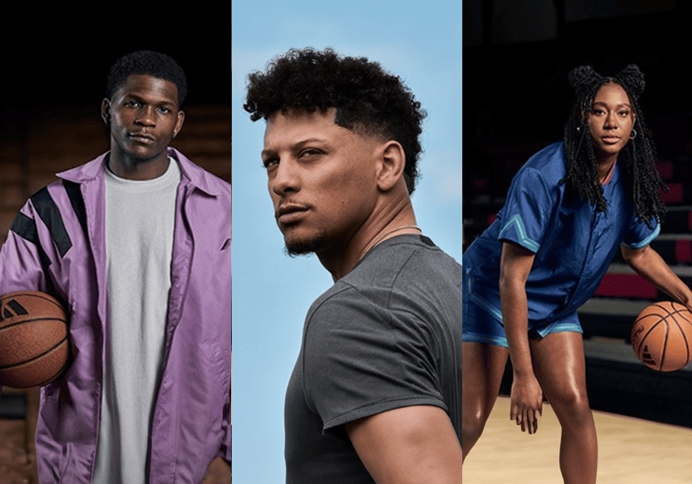 Adidas athletes, Patrick Mahomes (NFL player, Kansas City Chiefs), Aliyah Boston (WNBA player, Indiana Fever) and Anthony Edwards (NBA player, Minnesota Timberwolves) 